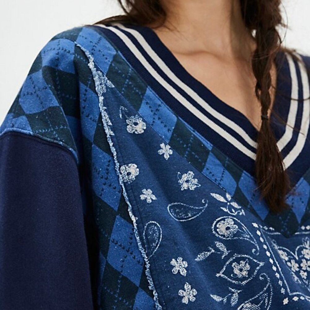 NWT Free People sz XS Lucy Sweatshirt Top Argyle/Bandana - Picture 3 of 3